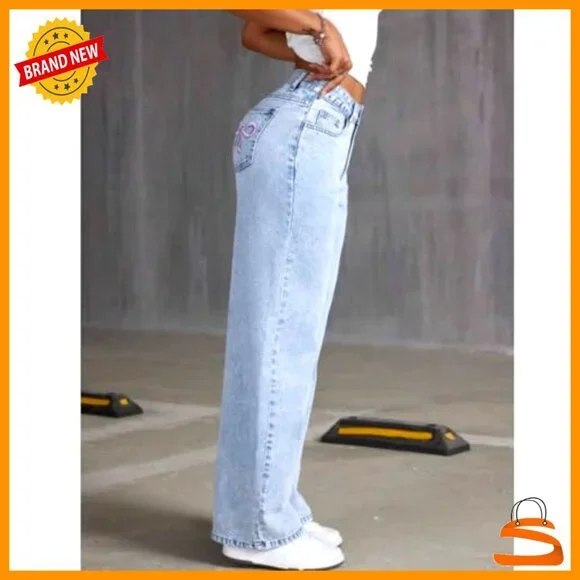 High Waisted Straight Leg Baggy Jeans for Girls Denim Bow Pants - Picture 3 of 6